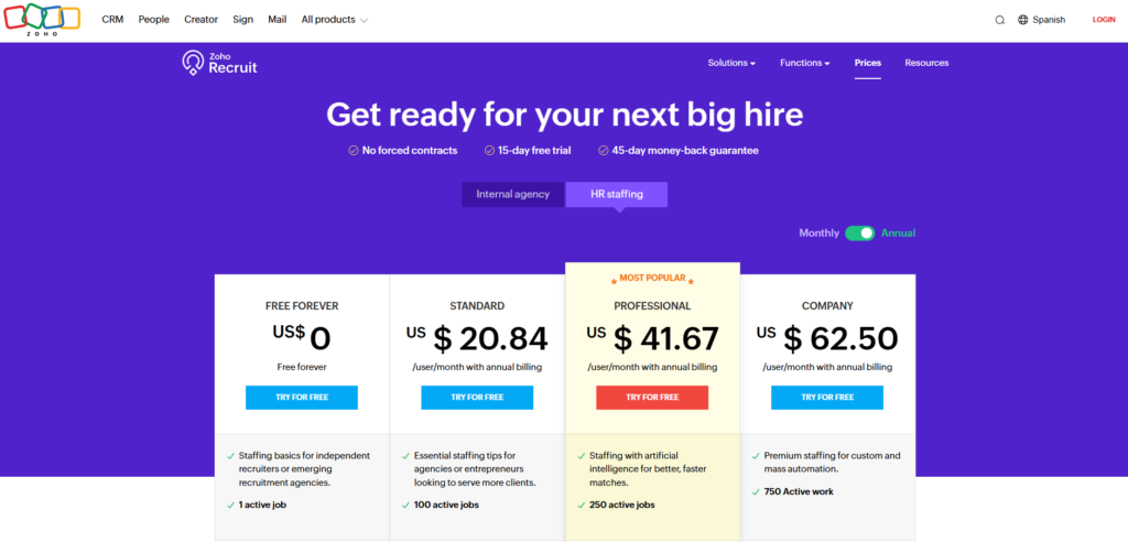 Zoho Recruit pricing plans from free to $62.50 per month
