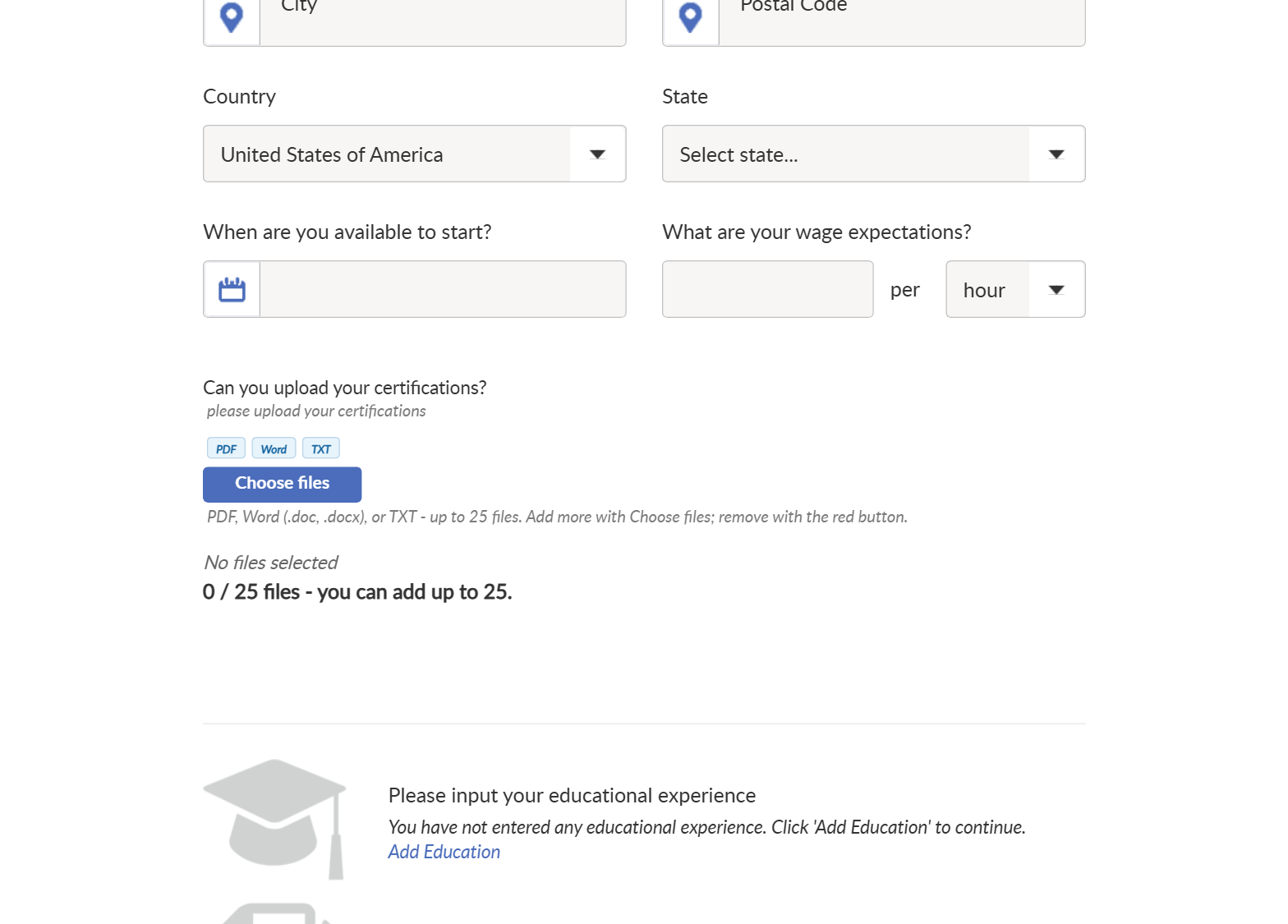 Applicant view of a NinjaGig job application with start date, wage expectations and a certification upload question
