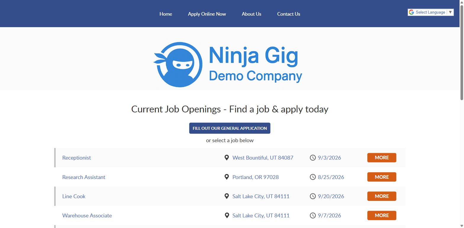 NinjaGig branded careers page for a demo company listing current job openings with an apply button