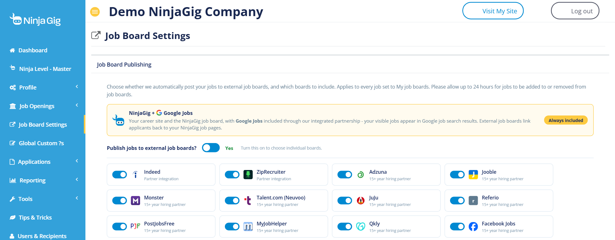 NinjaGig Job Board Settings with publishing turned on and individual toggles for Indeed, ZipRecruiter, Monster and other boards