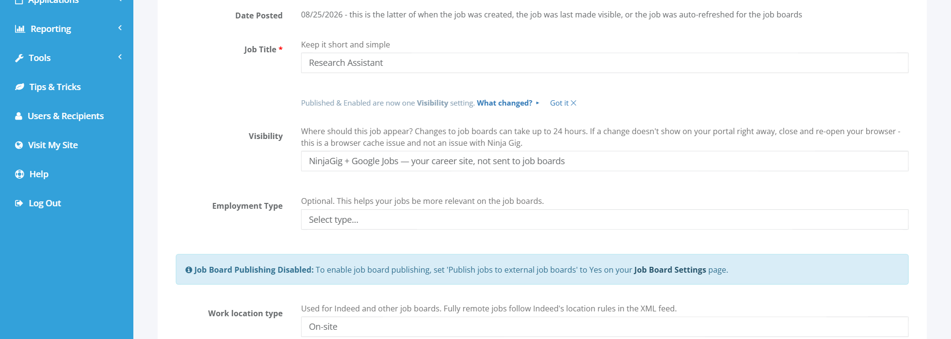 NinjaGig job posting form with job title, visibility setting and employment type