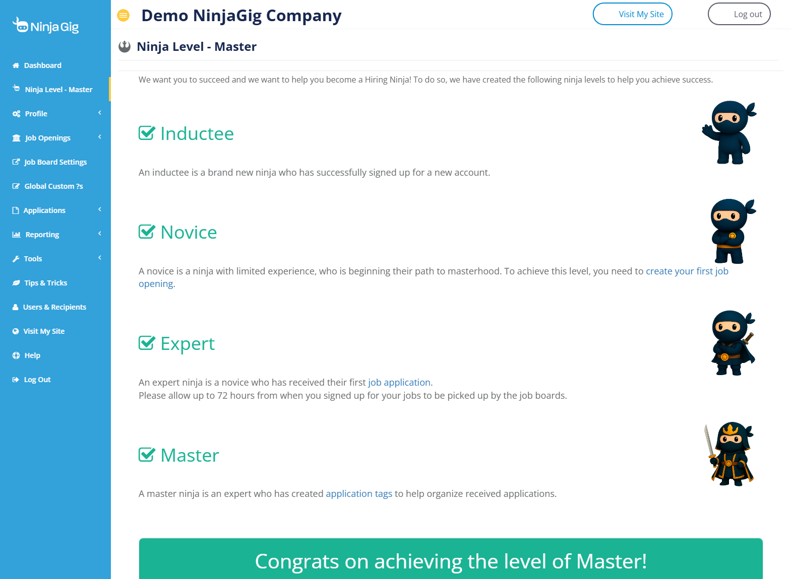 NinjaGig Ninja Level page showing Inductee, Novice, Expert and Master milestones with a congratulations banner