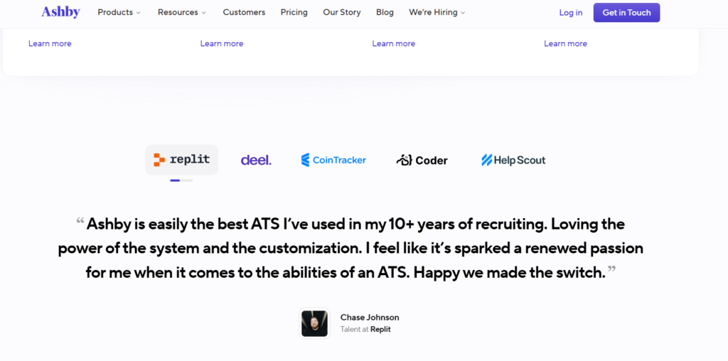 Ashby customer testimonial and integration partner logos