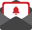 black envelope with red and white letter with a little red bell indicating email notifications
