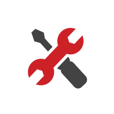 Black screwdriver and red wrench intersecting over each other to form an X